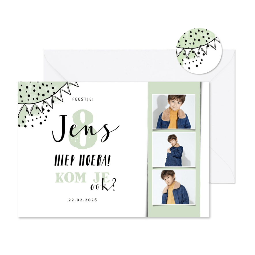 Kinderfeestje liggend fotostrip met vlaggen en confetti - Kaartimpressie