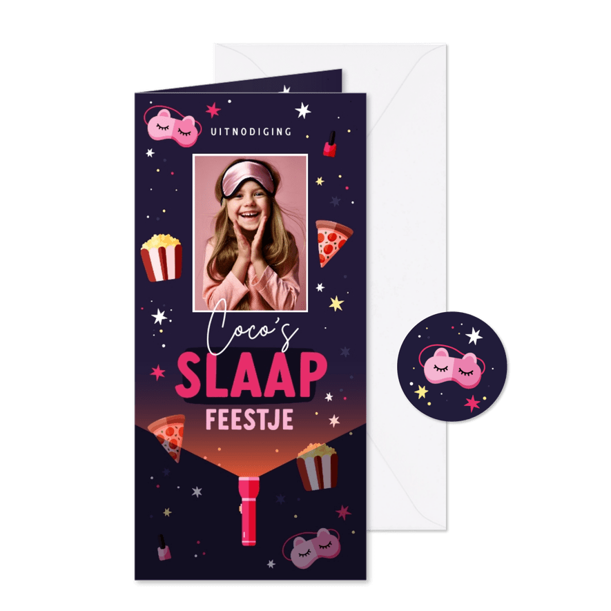 Kinderfeestje logeren slaapmaskers en makeup met foto - Kaartimpressie