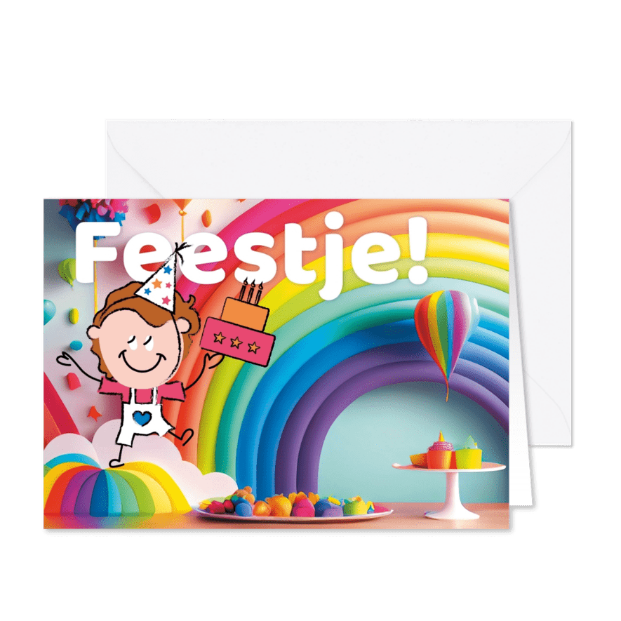 Kinderfeestje luchtballon regenboog taart - Kaartimpressie
