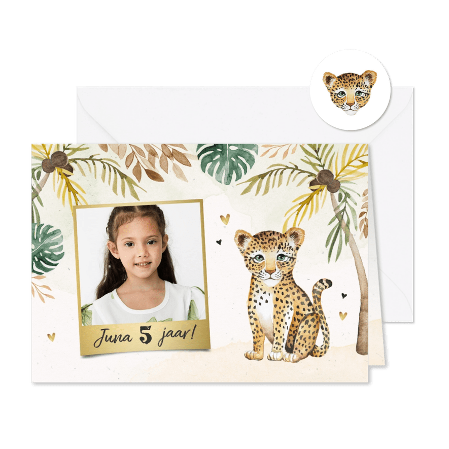 Kinderfeestje luipaard jungle meisje palmbomen foto hartjes - Kaartimpressie