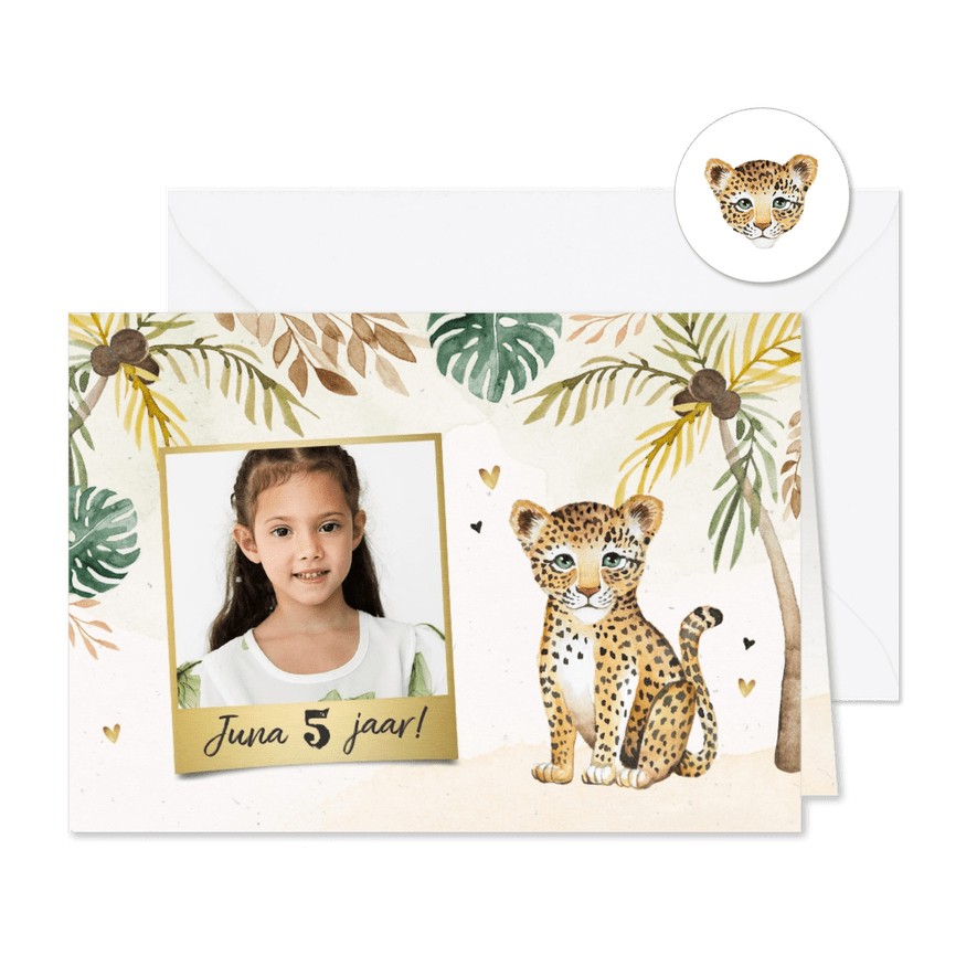 Kinderfeestje luipaard jungle meisje palmbomen foto hartjes - Kaartimpressie