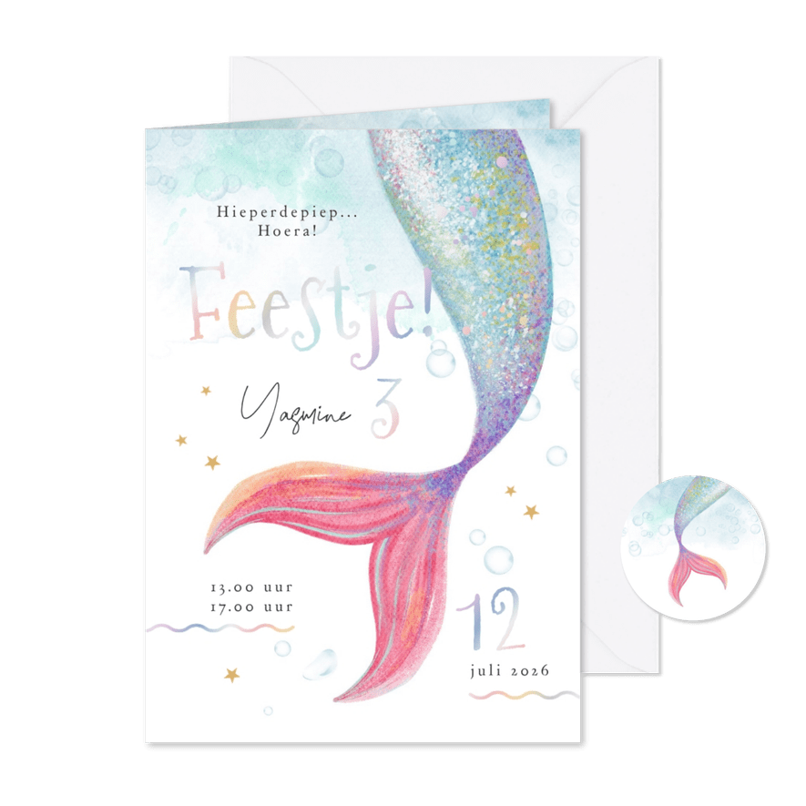 Kinderfeestje magisch zeemeermin waterverf holografisch - Kaartimpressie
