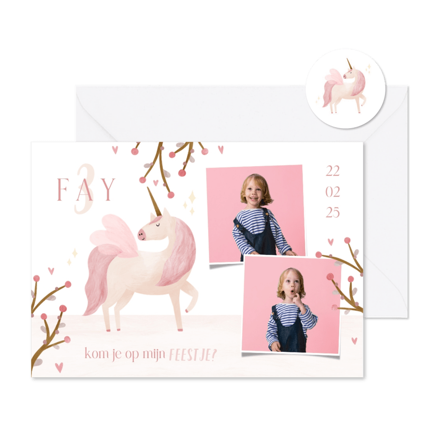 Kinderfeestje magische eenhoorn met foto's en hartjes - Kaartimpressie