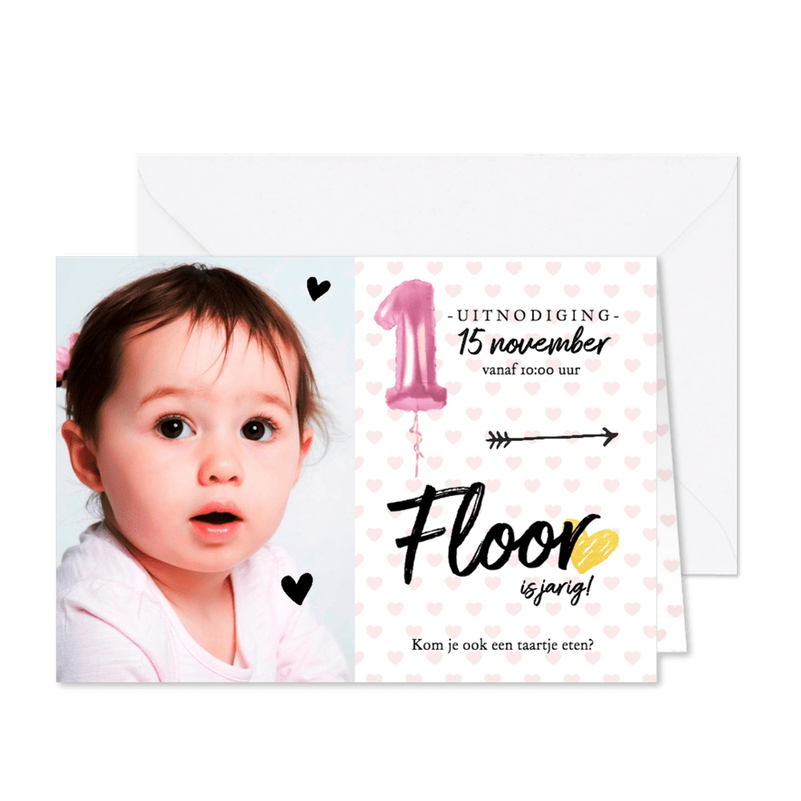Kinderfeestje - meisje 1e verjaardag hartjes - Kaartimpressie