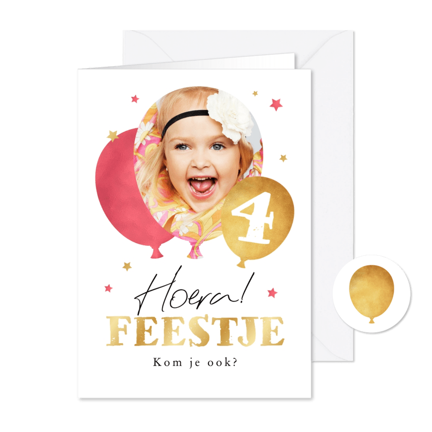 Kinderfeestje meisje ballonnen 4 jaar sterren goud foto - Kaartimpressie
