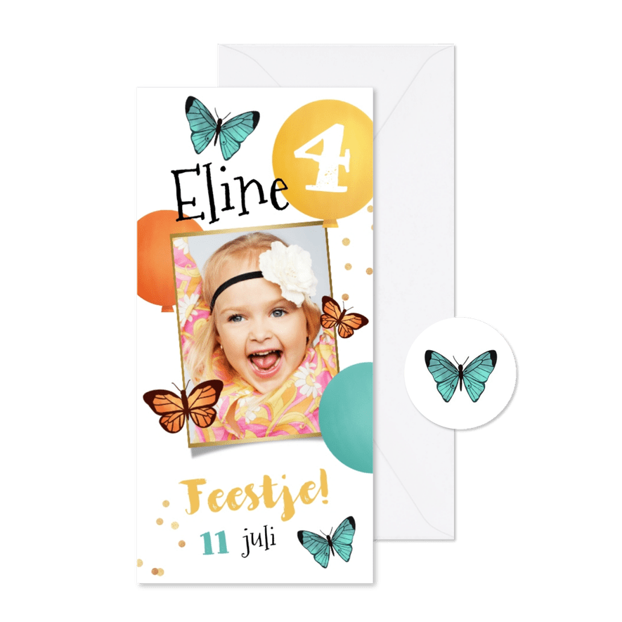 Kinderfeestje meisje ballonnen vlinders confetti foto - Kaartimpressie