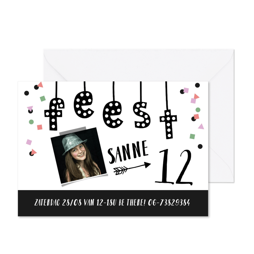 Kinderfeestje meisje confetti fotokaart met slinger - Kaartimpressie