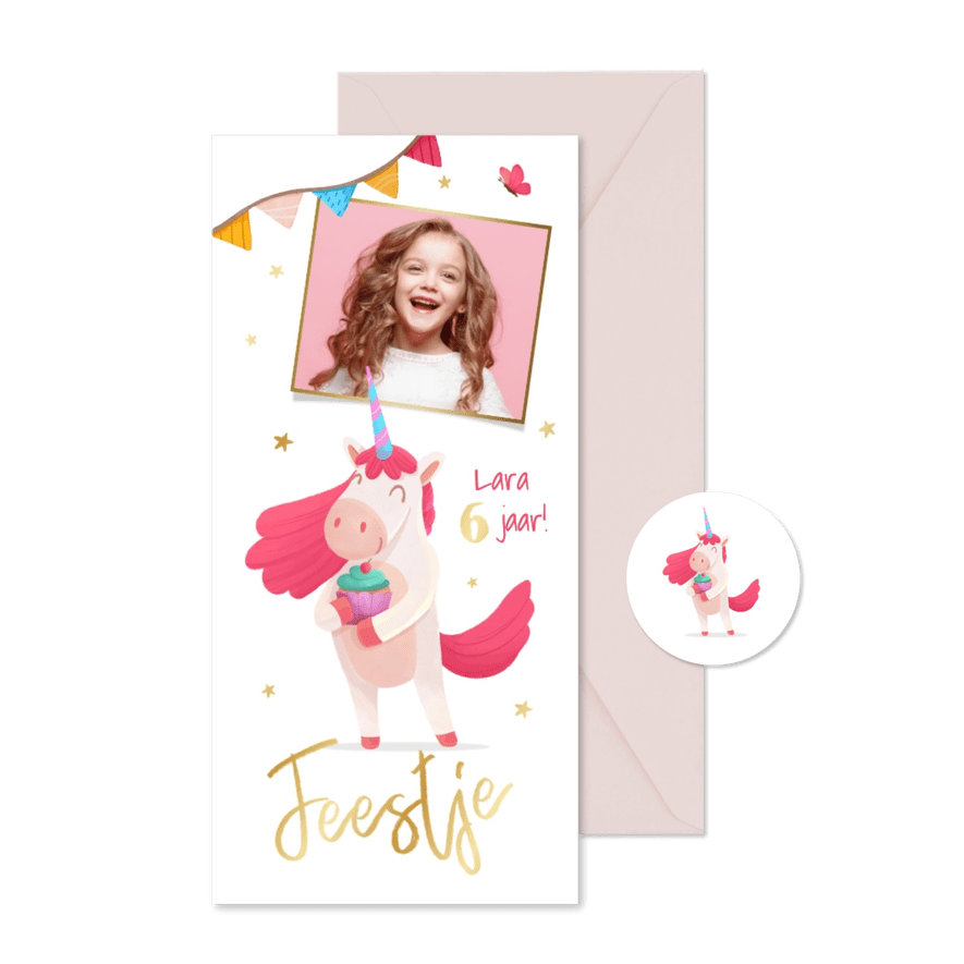 Kinderfeestje meisje eenhoorn unicorn slingers sterretjes - Kaartimpressie