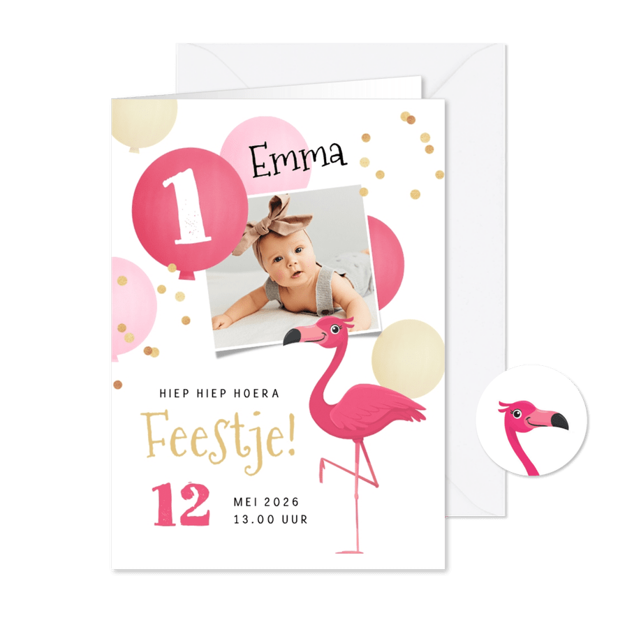 Kinderfeestje meisje flamingo ballonnen confetti foto - Kaartimpressie