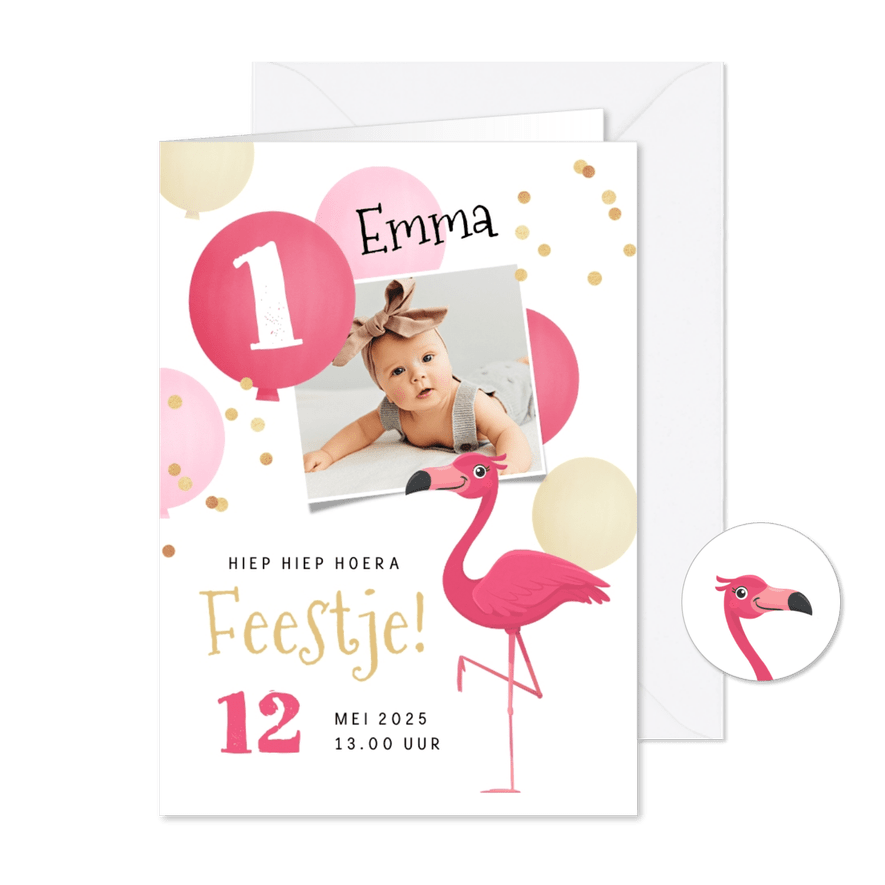 Kinderfeestje meisje flamingo ballonnen confetti foto - Kaartimpressie