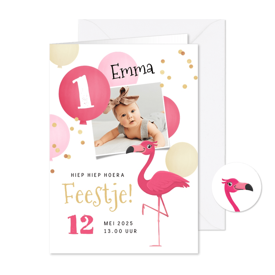 Kinderfeestje meisje flamingo ballonnen confetti foto - Kaartimpressie