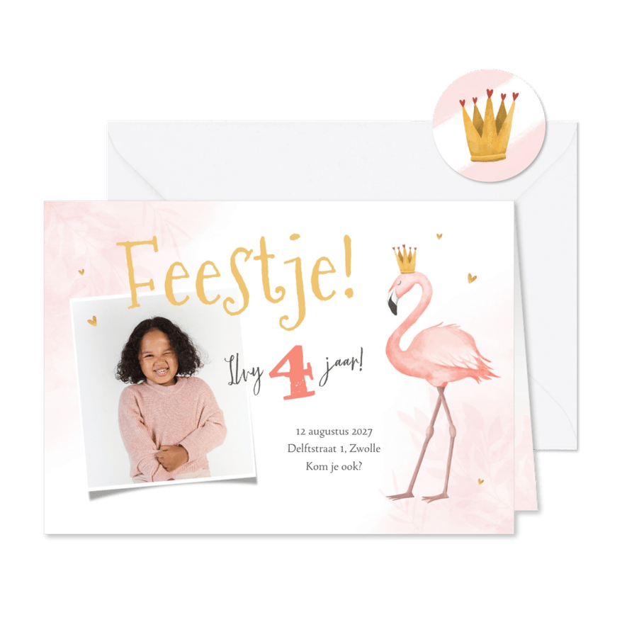 Kinderfeestje meisje flamingo foto hartjes goud kroontje - Kaartimpressie