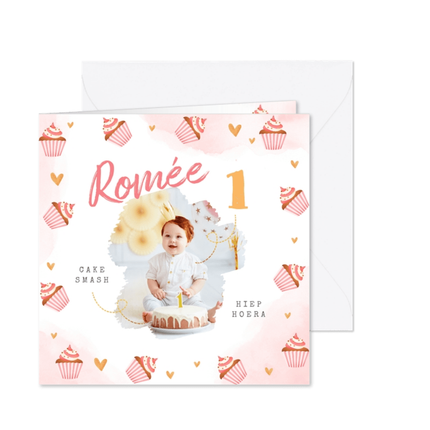 Kinderfeestje meisje hip cupcakes foto cake smash hartjes - Kaartimpressie