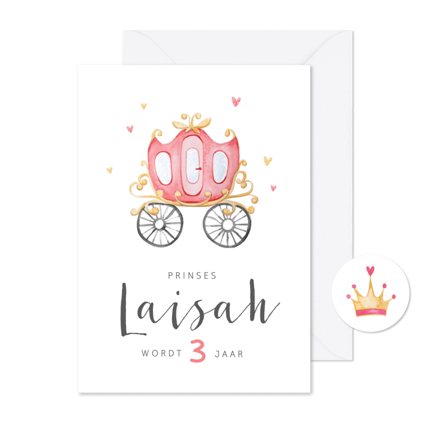 Kinderfeestje meisje prinses koets hartjes kroontje hartjes - Kaartimpressie