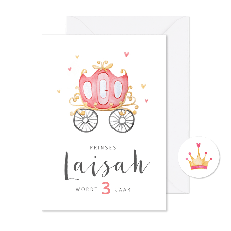 Kinderfeestje meisje prinses koets hartjes kroontje hartjes - Kaartimpressie