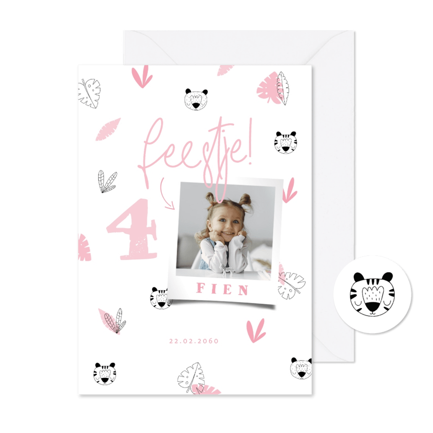 Kinderfeestje meisje roze jungle patroontje met foto - Kaartimpressie