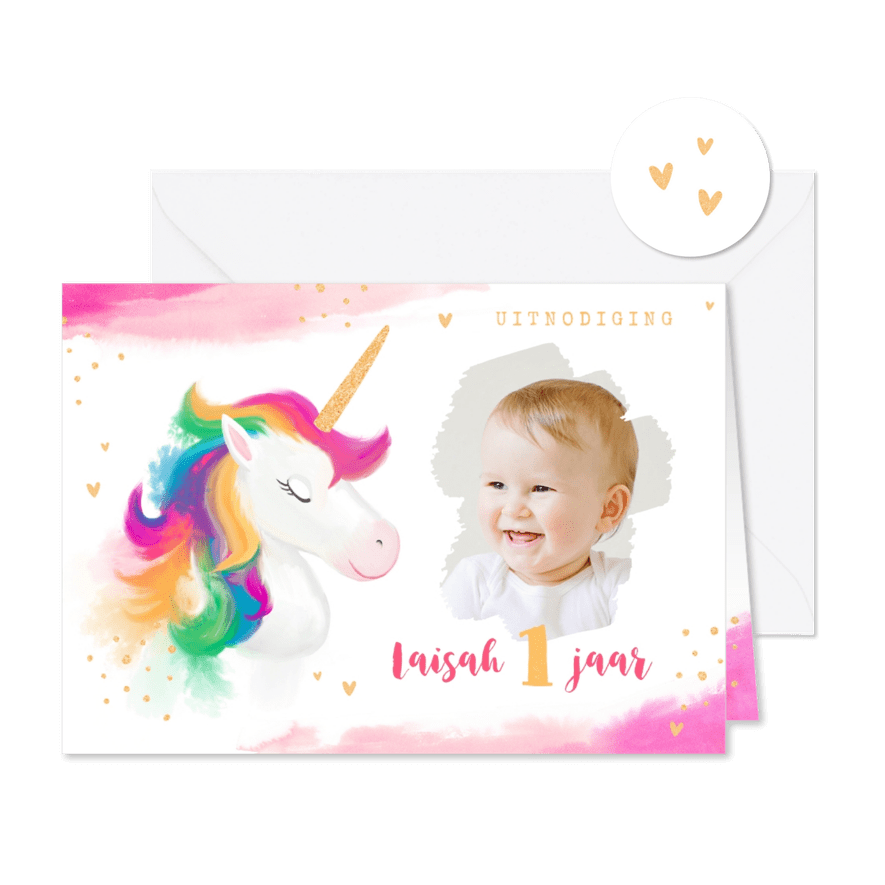 Kinderfeestje meisje waterverf unicorn goud - Kaartimpressie