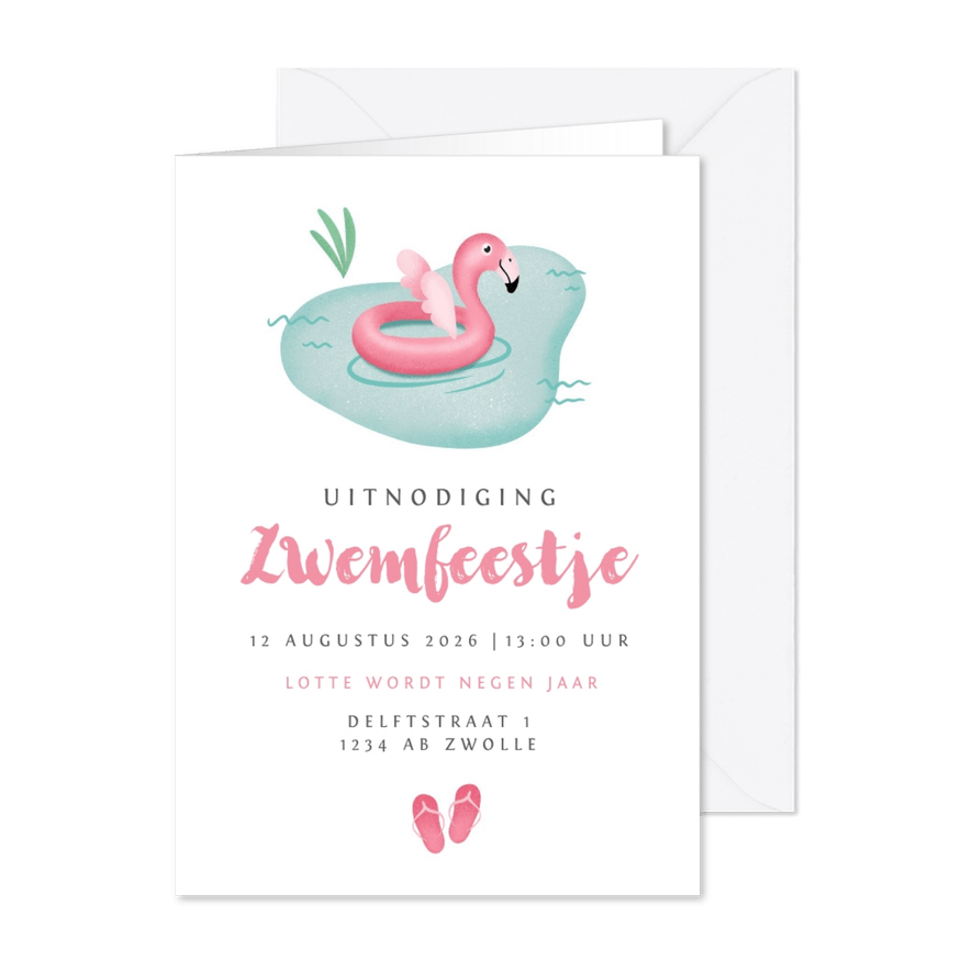 kinderfeestje meisje zwemfeestje flamingo zwembad - Kaartimpressie