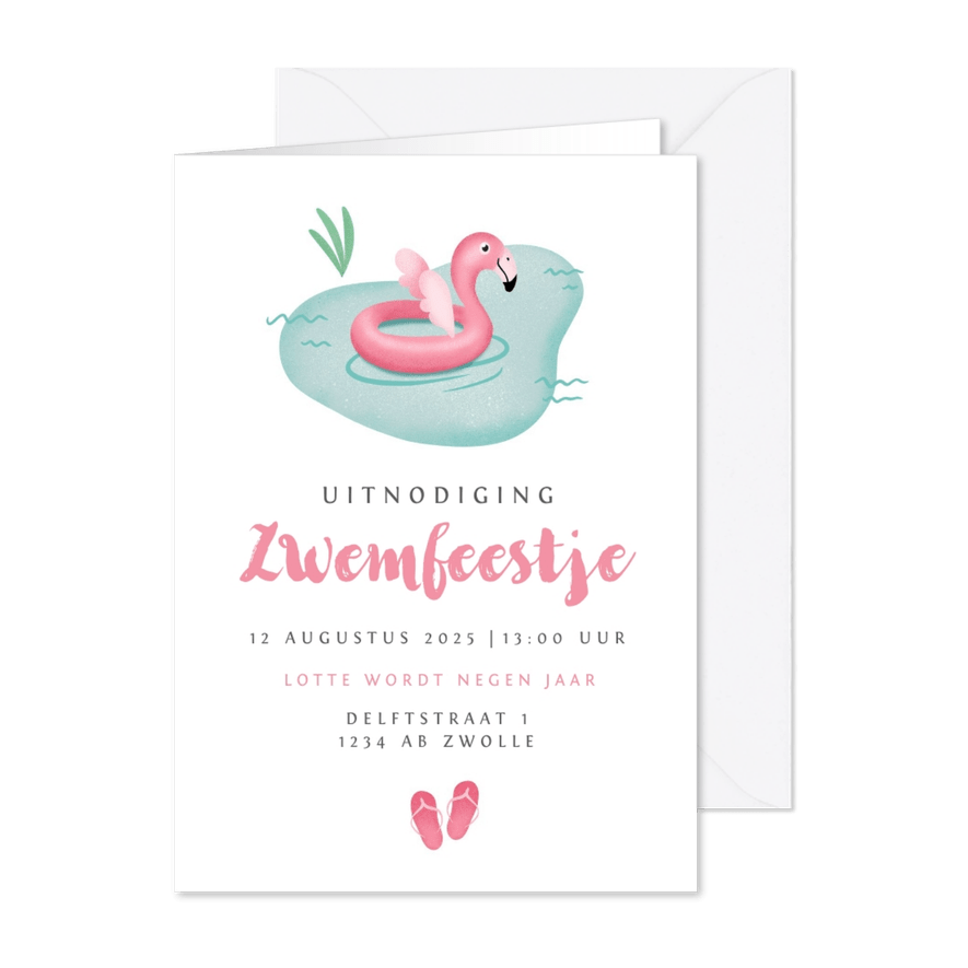 kinderfeestje meisje zwemfeestje flamingo zwembad - Kaartimpressie