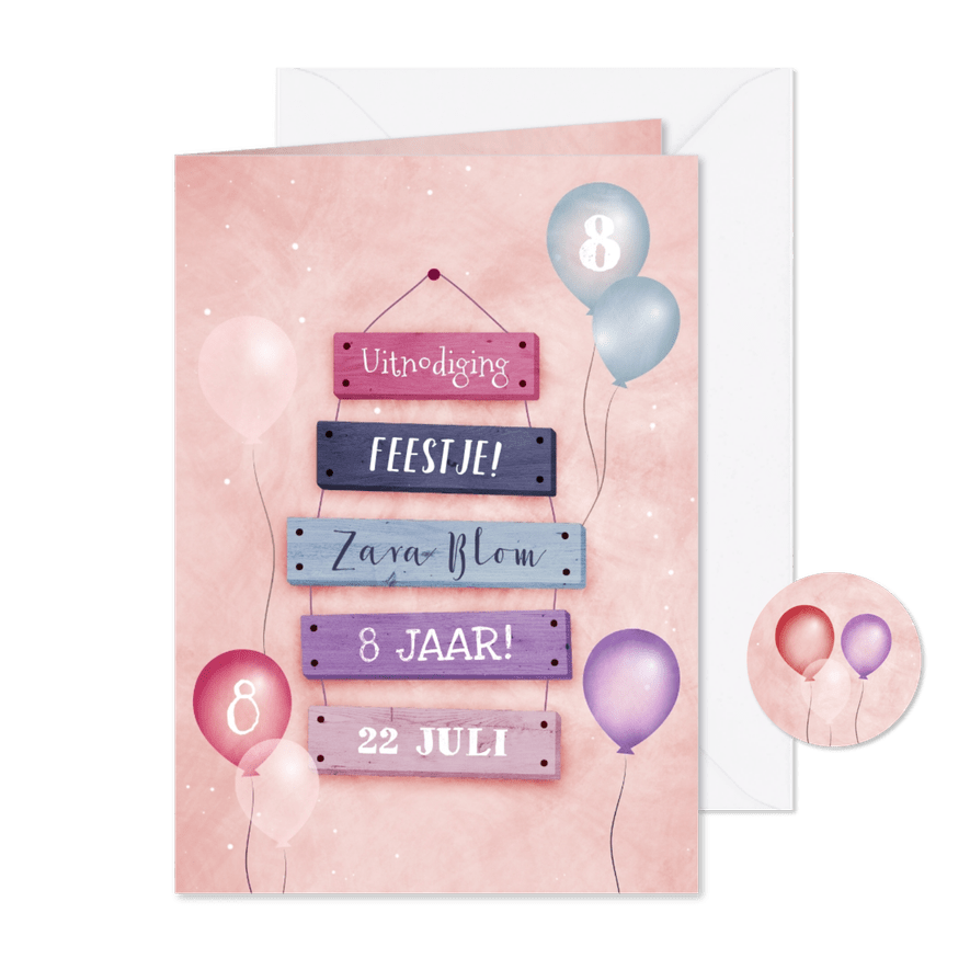 Kinderfeestje met feestelijke ballonnen bordjes - Kaartimpressie