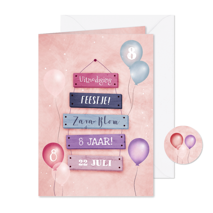 Kinderfeestje met feestelijke ballonnen bordjes - Kaartimpressie