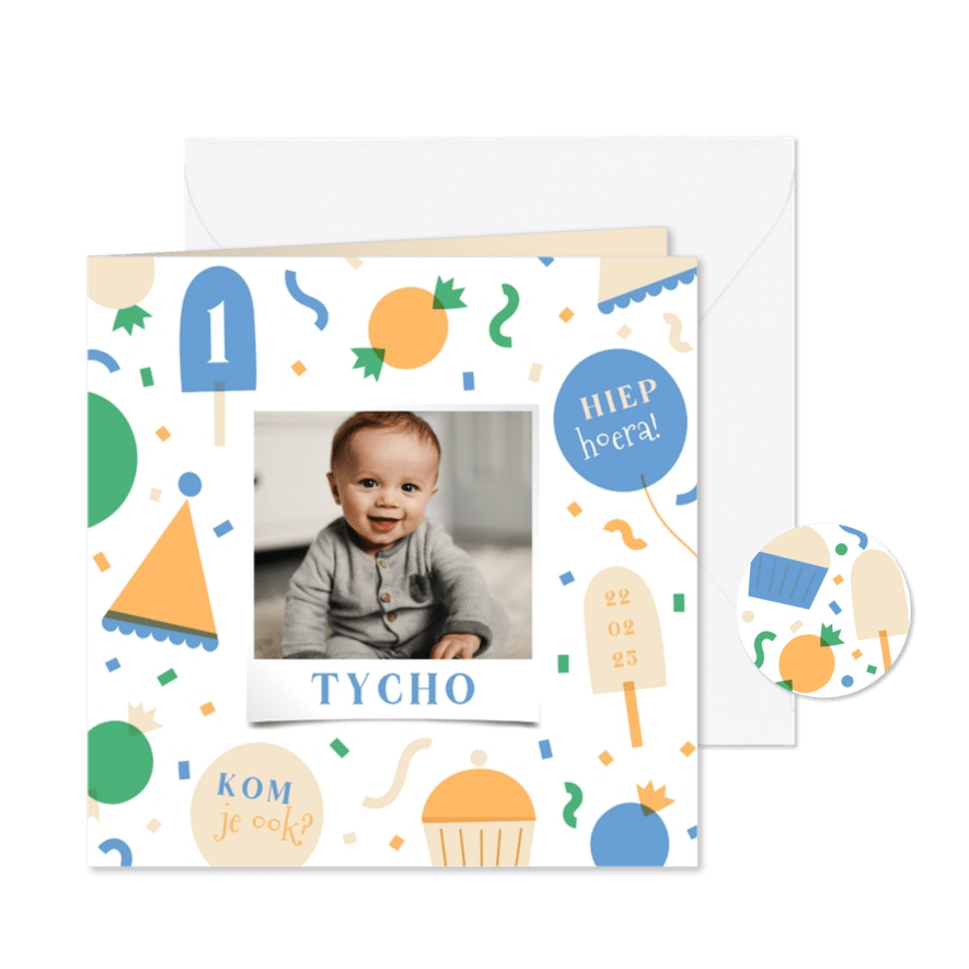 Kinderfeestje met foto en vrolijke elementjes - Kaartimpressie
