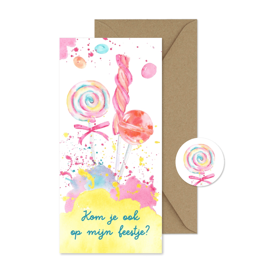 Kinderfeestje met lolly's en snoepjes - Kaartimpressie