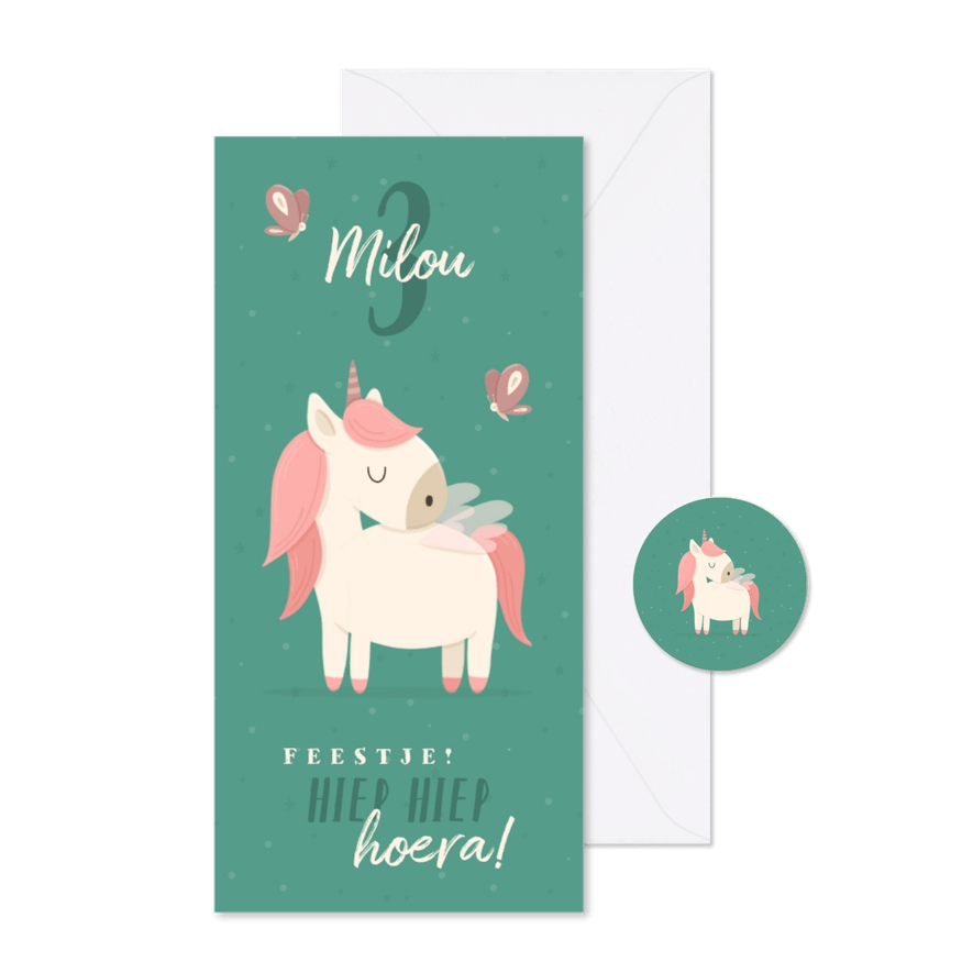 Kinderfeestje met unicorn en vlinders uitnodiging - Kaartimpressie