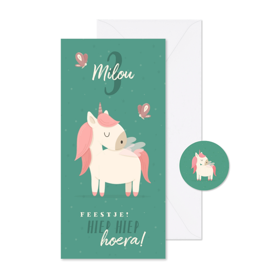 Kinderfeestje met unicorn en vlinders uitnodiging  - Kaartimpressie
