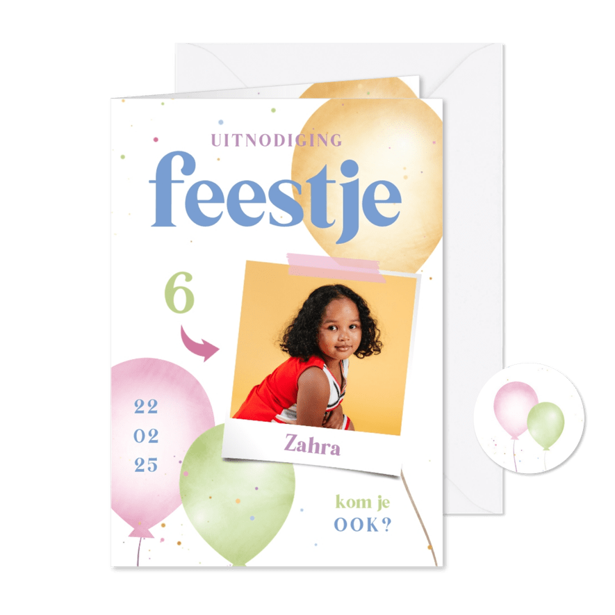 Kinderfeestje met vrolijke ballonnen en foto - Kaartimpressie