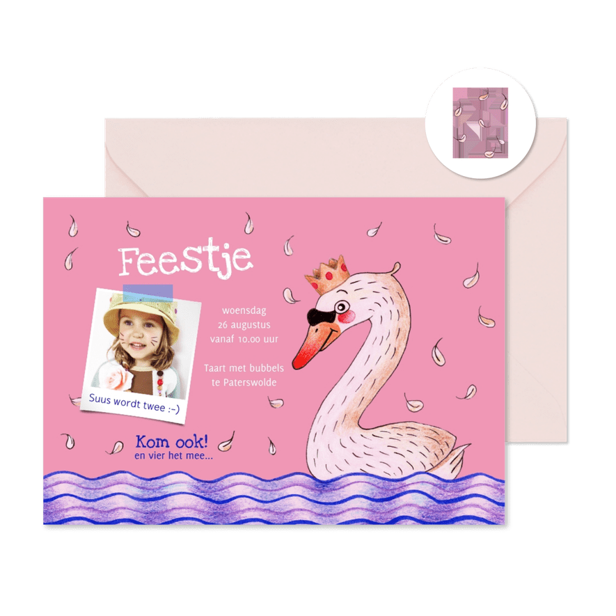 Kinderfeestje met zwaan voor 2-jarig meisje - Kaartimpressie