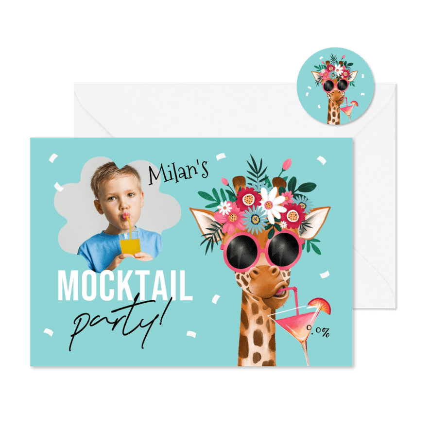 Kinderfeestje mocktail party giraf grappig foto confetti - Kaartimpressie