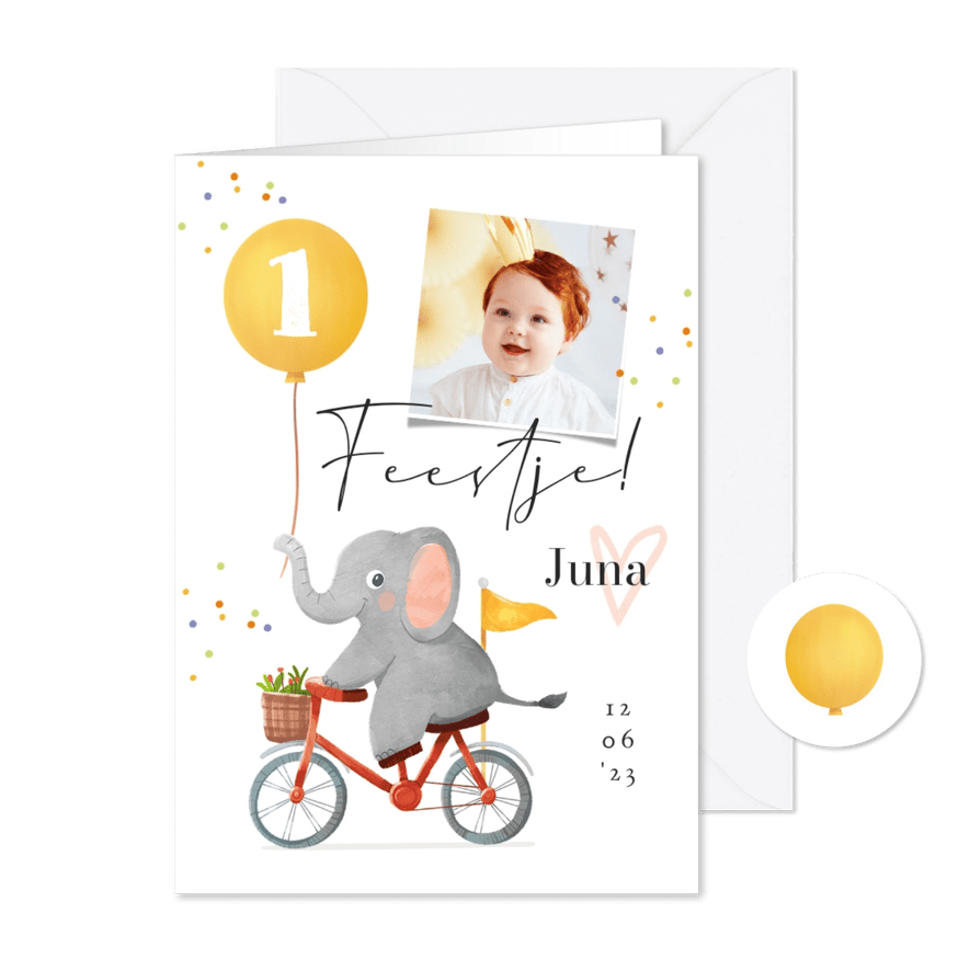 Kinderfeestje olifant op fiets ballon foto confetti - Kaartimpressie