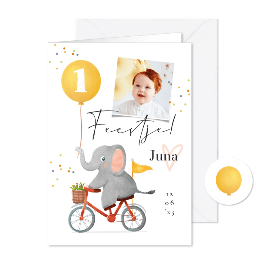 Kinderfeestje olifant op fiets ballon foto confetti - Kaartimpressie