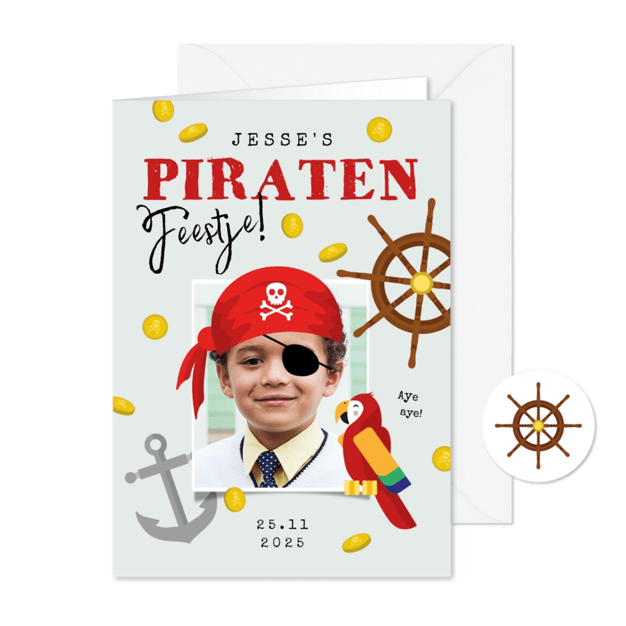 Kinderfeestje piraat boot speurtocht schatkist papegaai - Kaartimpressie