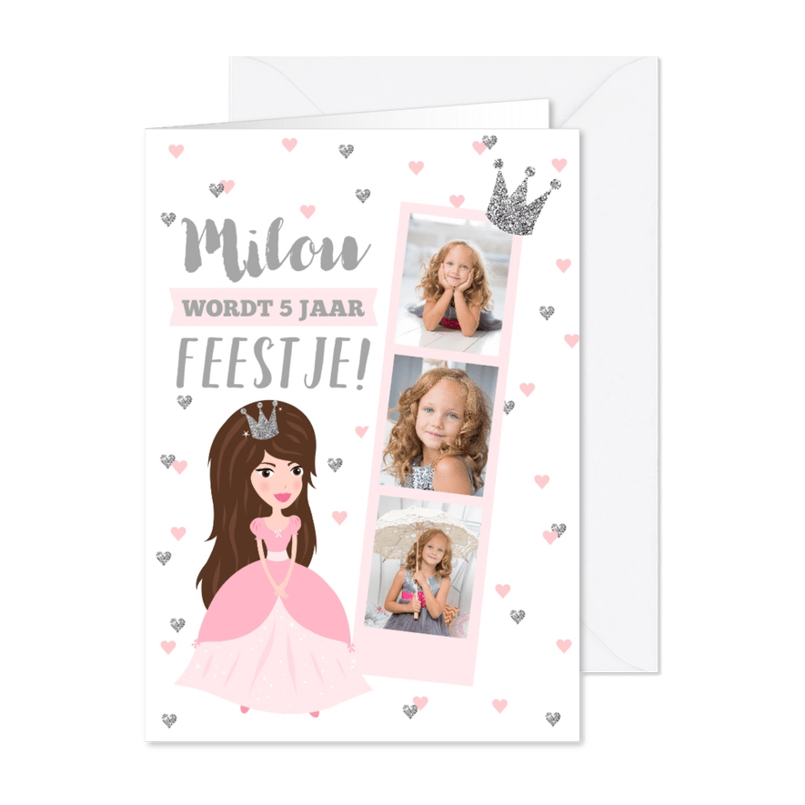 Kinderfeestje prinses fotostrip hartjes - Kaartimpressie