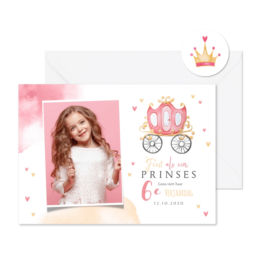 Kinderfeestje prinses koets hartjes kroontje foto hartjes - Kaartimpressie
