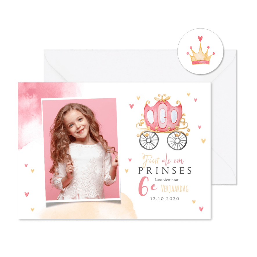 Kinderfeestje prinses koets hartjes kroontje foto hartjes - Kaartimpressie