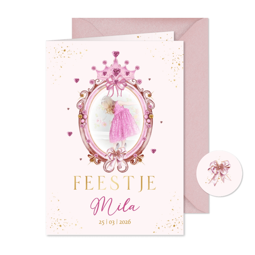 Kinderfeestje prinsessenthema spiegel met juwelen - Kaartimpressie
