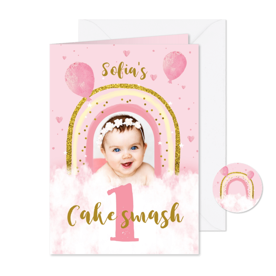 Kinderfeestje regenboog wolken cakesmash ballonnen  - Kaartimpressie