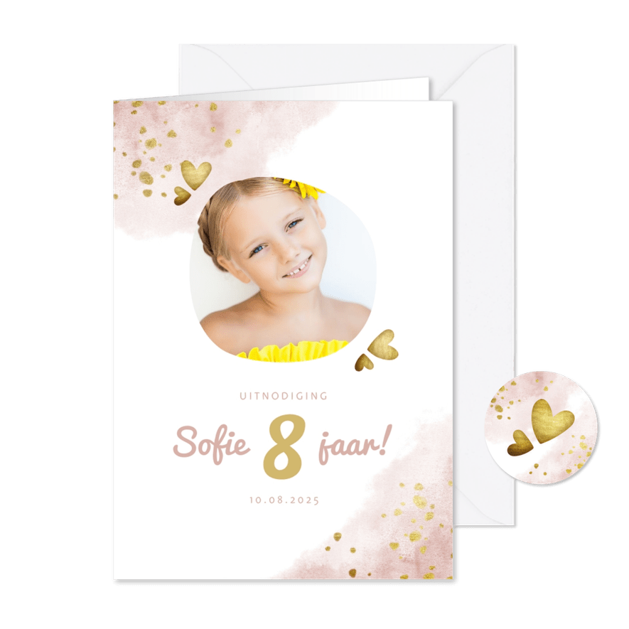 Kinderfeestje roze met foto, gouden hartjes en waterverf - Kaartimpressie