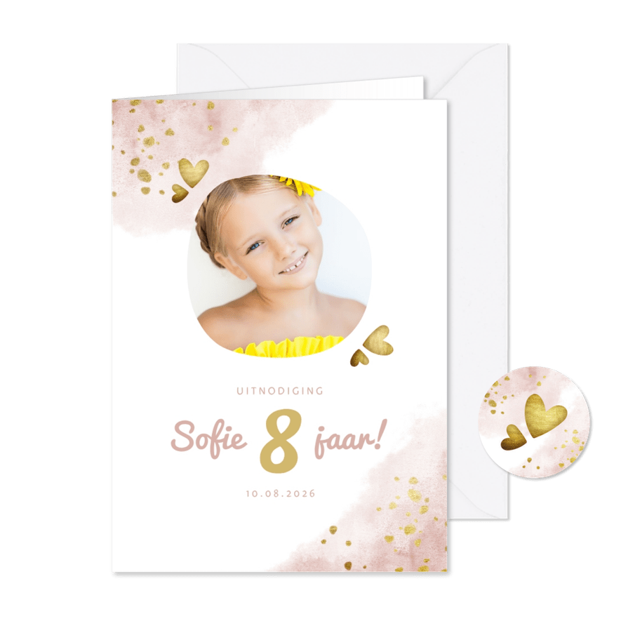 Kinderfeestje roze met foto, gouden hartjes en waterverf - Kaartimpressie
