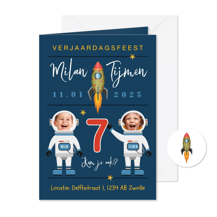 Kinderfeestje ruimte raket ruimte astronaut sterren tweeling - Kaartimpressie