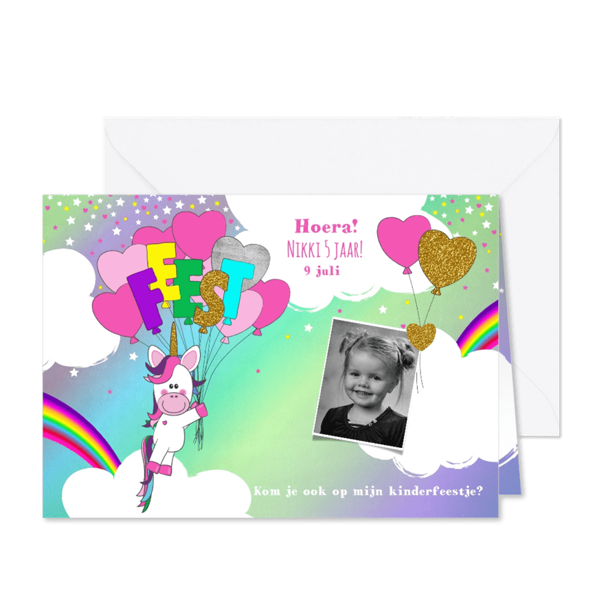 kinderfeestje schattige unicorn met ballonnen - Kaartimpressie