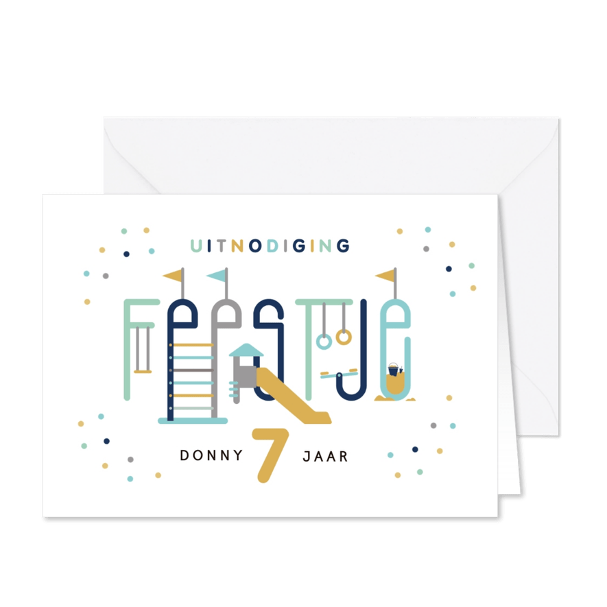 Kinderfeestje speeltuin typografisch uitnodiging jongen - Kaartimpressie