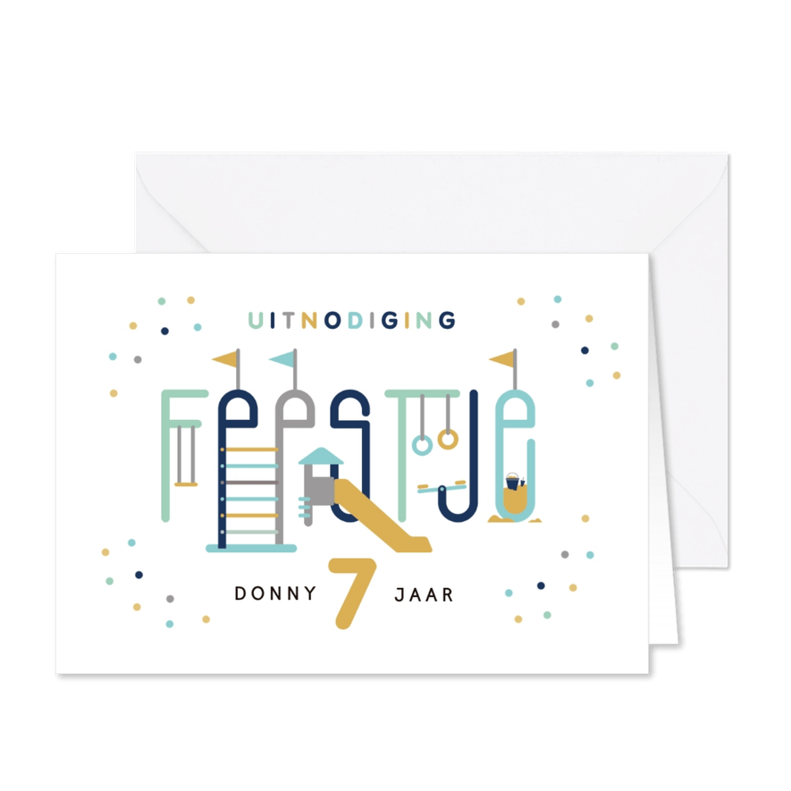 Kinderfeestje speeltuin typografisch uitnodiging jongen - Kaartimpressie