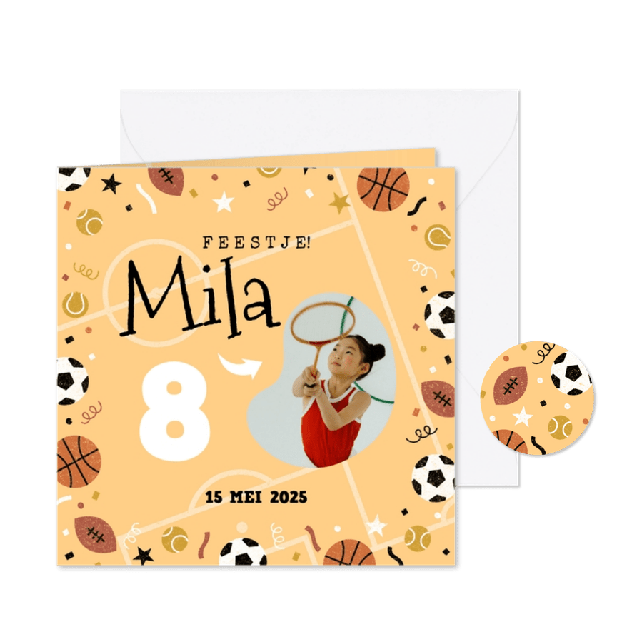 Kinderfeestje sportfeestje met aanpasbare leeftijd en foto - Kaartimpressie