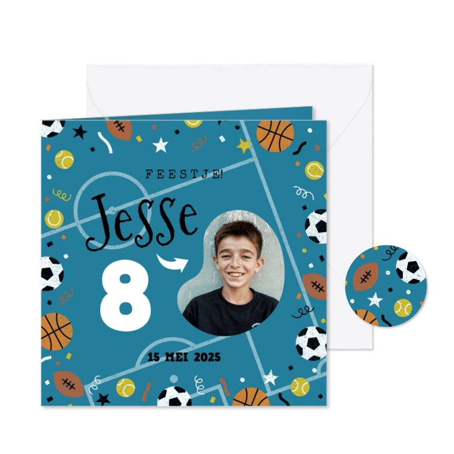 Kinderfeestje sportfeestje met foto en aanpasbare leeftijd - Kaartimpressie