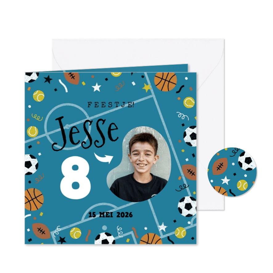 Kinderfeestje sportfeestje met foto en aanpasbare leeftijd - Kaartimpressie