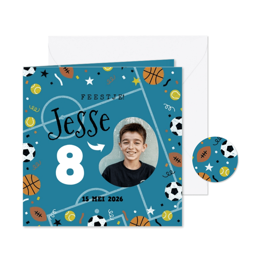 Kinderfeestje sportfeestje met foto en aanpasbare leeftijd - Kaartimpressie